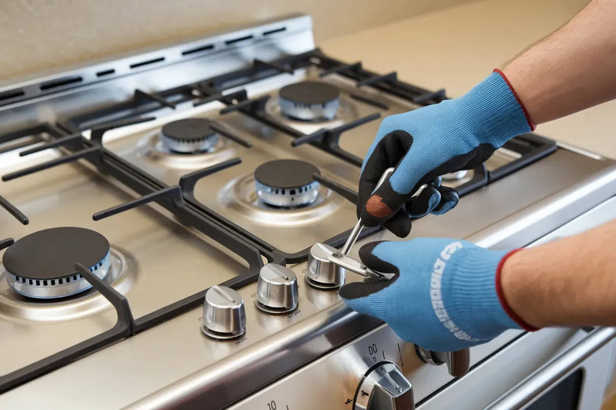 A person wearing blue gloves is working on a gas stove.
