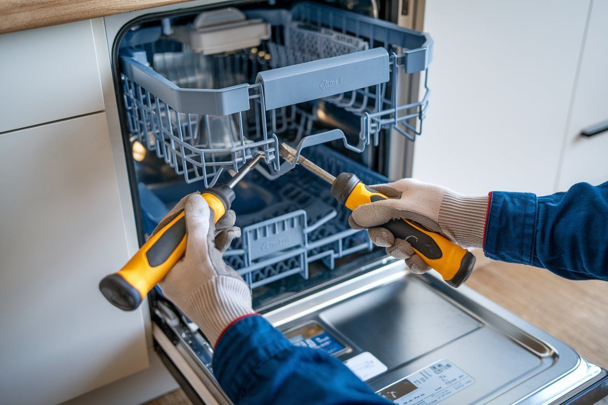 A man is fixing a dishwasher in a kitchen with a screwdriver.