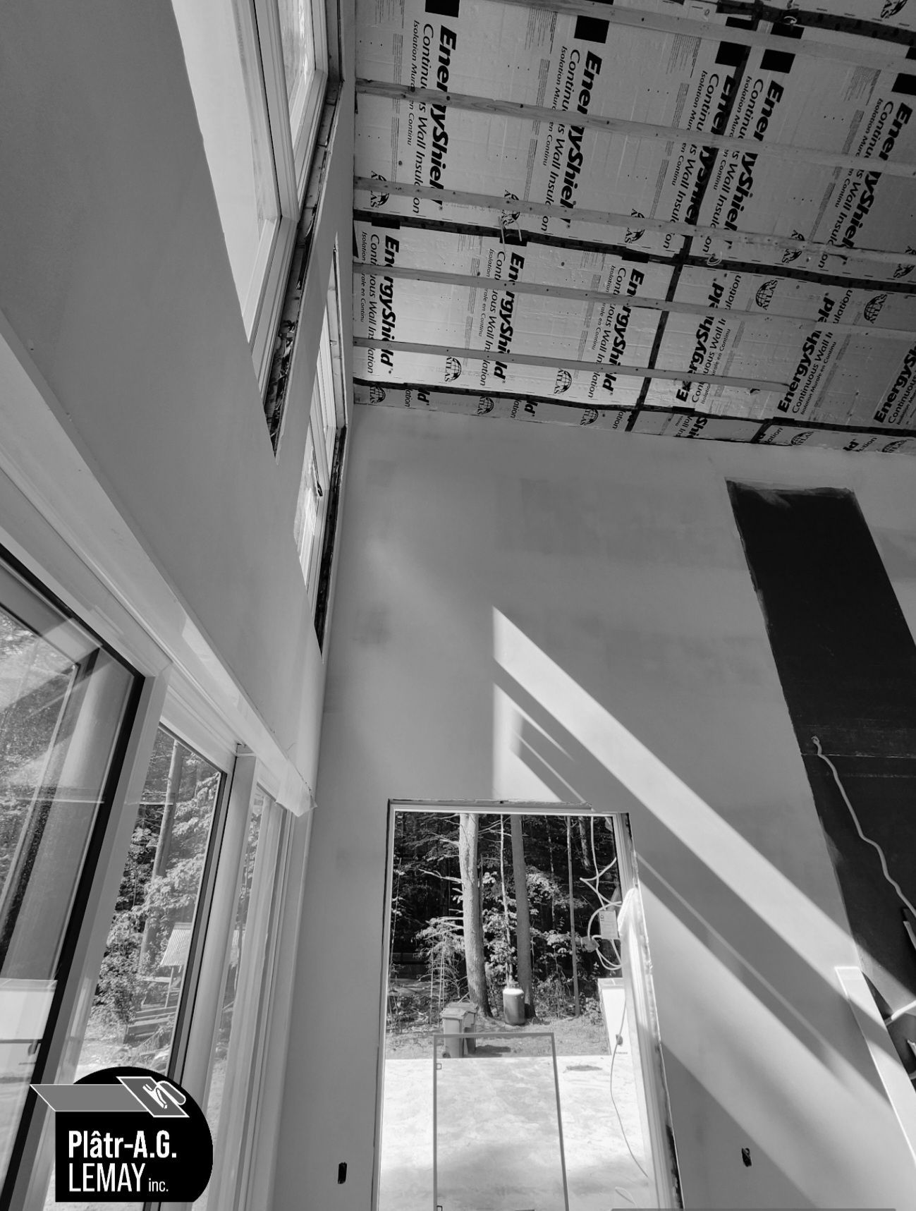 Une photo en noir et blanc d'un bâtiment en construction