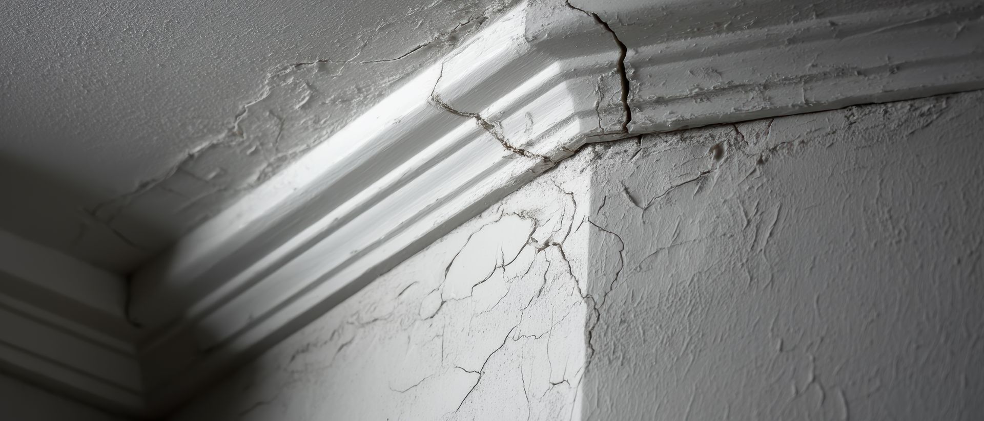 Une photo en noir et blanc d'un coin de mur fissuré.