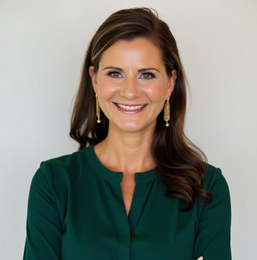 A woman wearing a green shirt and gold earrings smiles for the camera