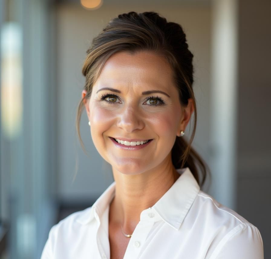 A woman in a white shirt is smiling for the camera.