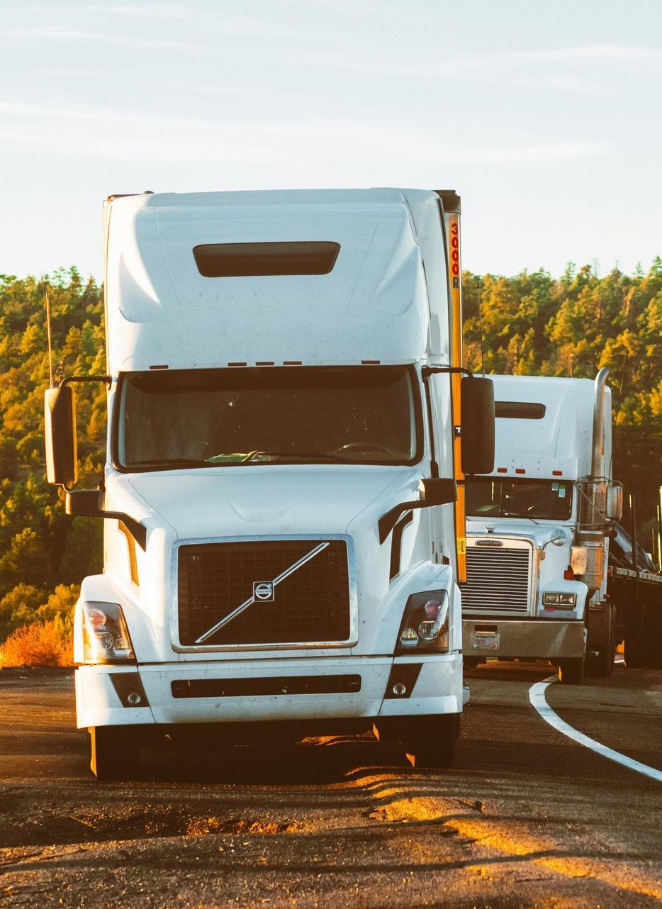 A row of semi trucks are parked on the side of a road.