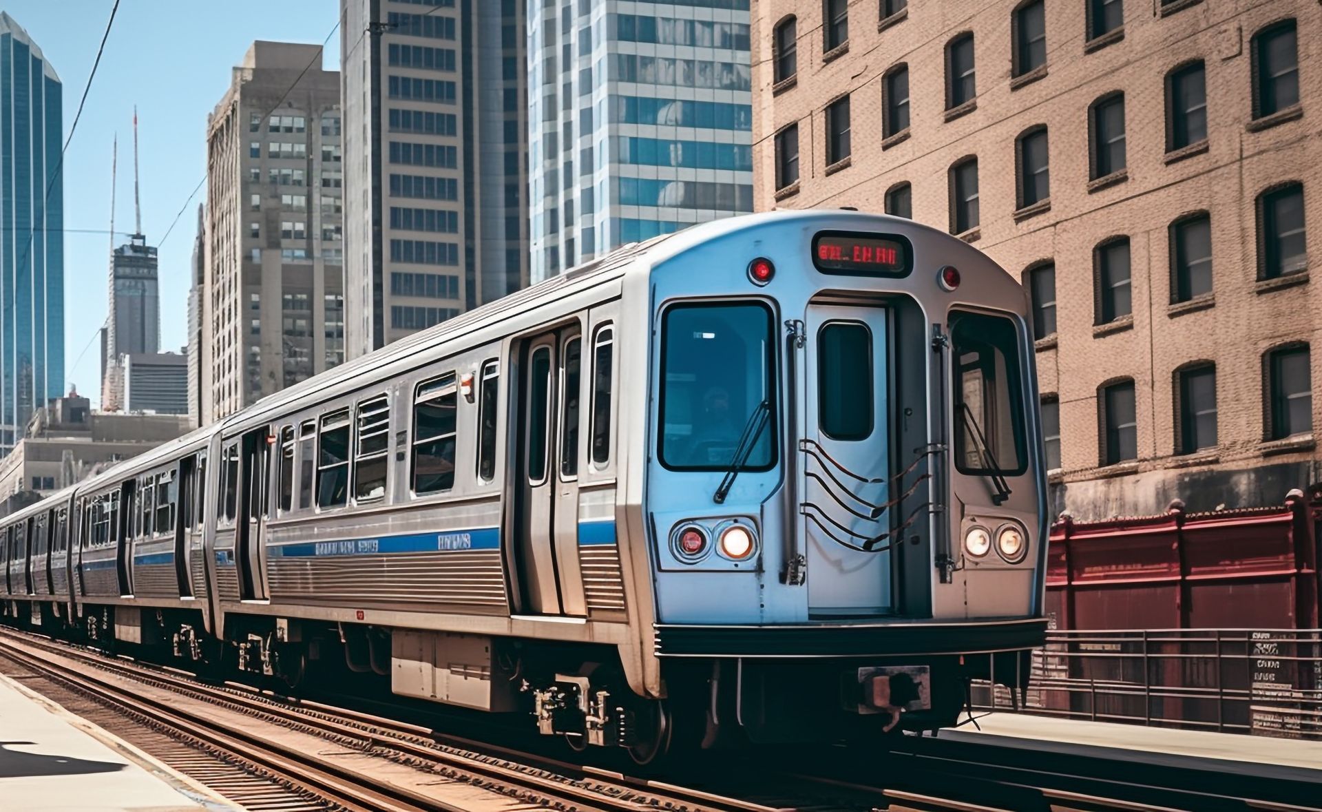 A subway train is going down the tracks in a city.