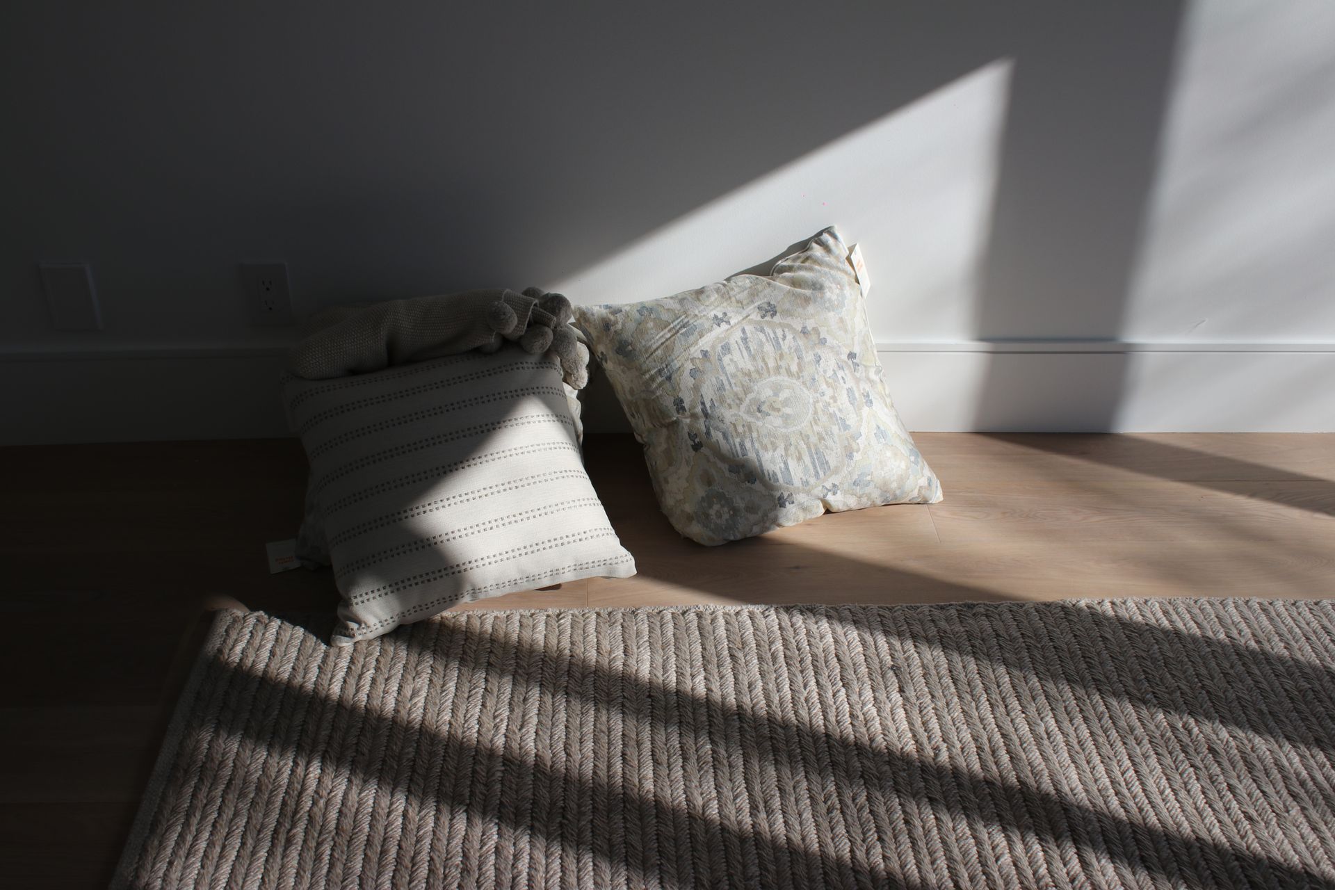 two pillows are sitting on a rug on the floor in a room .