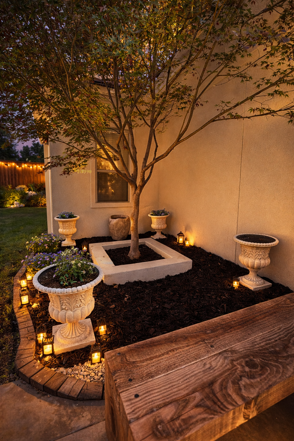Green lawn and garden beds under a blue sky, with trimmed bushes and small building in the distance.