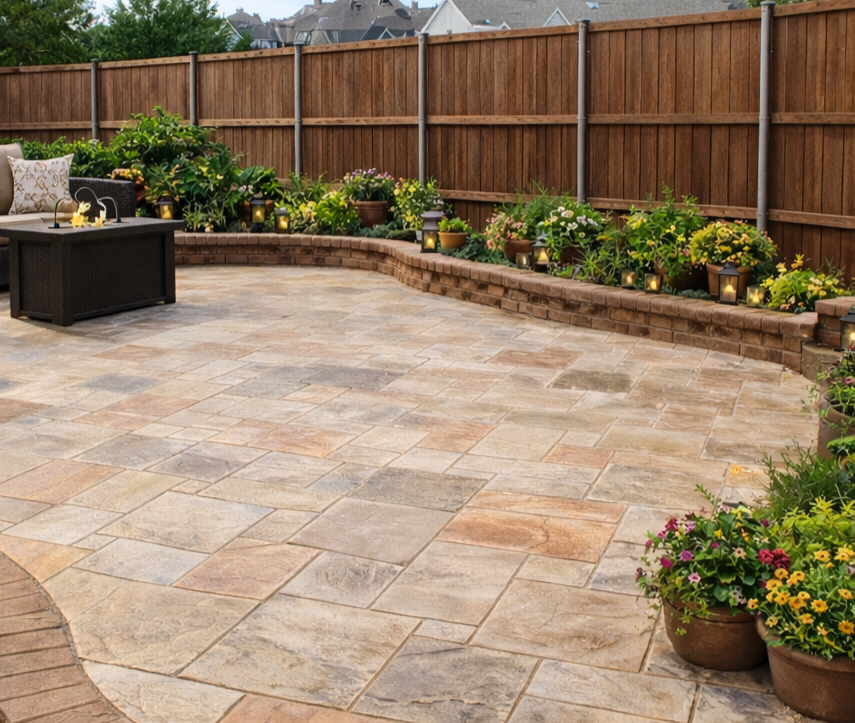 Paver patio with a raised garden bed and wooden fence. Brown and tan tones. Potted flowers, lanterns, and a dark table.