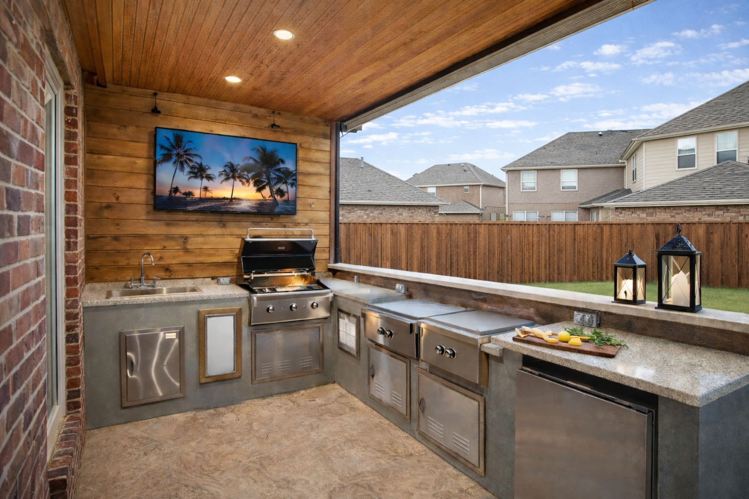 Outdoor kitchen with stainless steel appliances, TV, and wood ceiling. Outdoor kitchen with stainless steel appliances, TV, and wood ceiling.