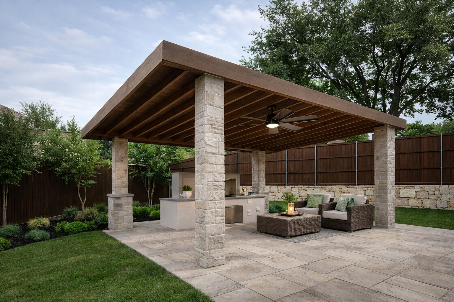 Patio with wooden furniture, umbrella, and potted sunflowers; green lawn and foliage in the background. Patio with wooden furniture, umbrella, and potted sunflowers; green lawn and foliage in the background.
