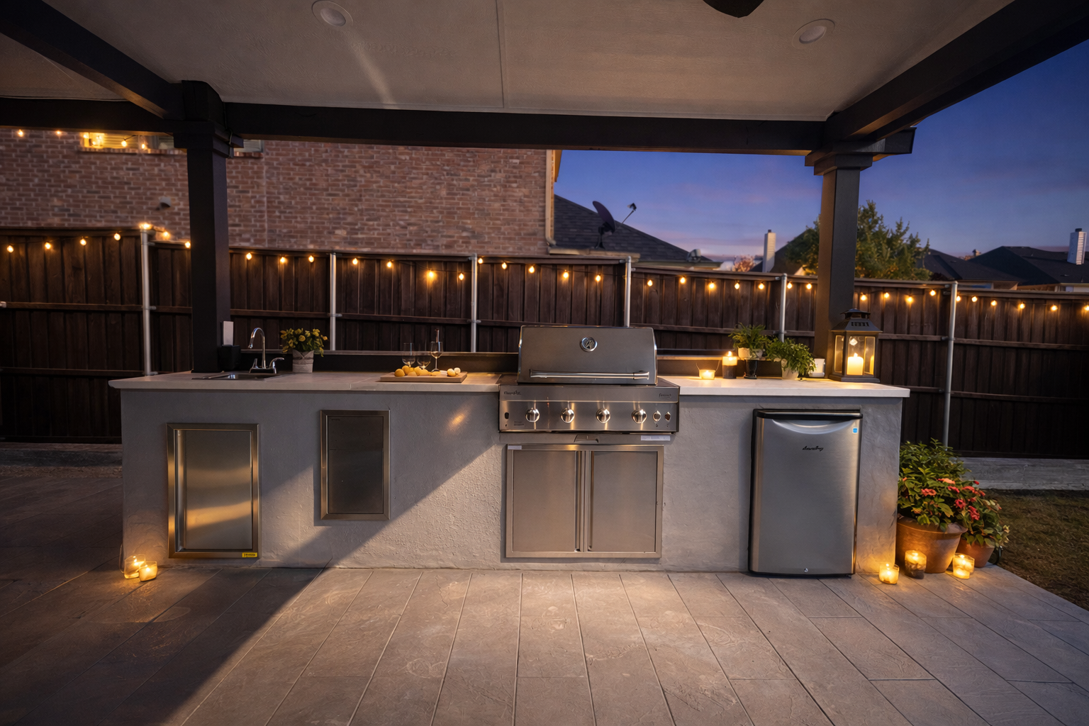 Outdoor kitchen with a grill, refrigerator, and countertop under a wooden pergola, illuminated by string lights. Outdoor kitchen with a grill, refrigerator, and countertop under a wooden pergola, illuminated by string lights.