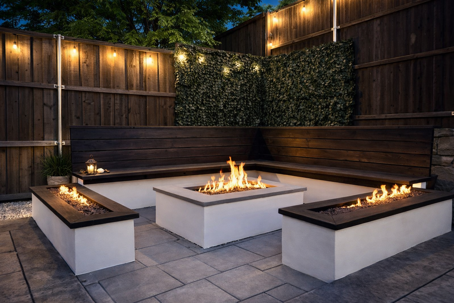 Poolside patio with a fireplace, fire pit, and lounge chairs. Tropical setting with palm trees. Poolside patio with a fireplace, fire pit, and lounge chairs. Tropical setting with palm trees.