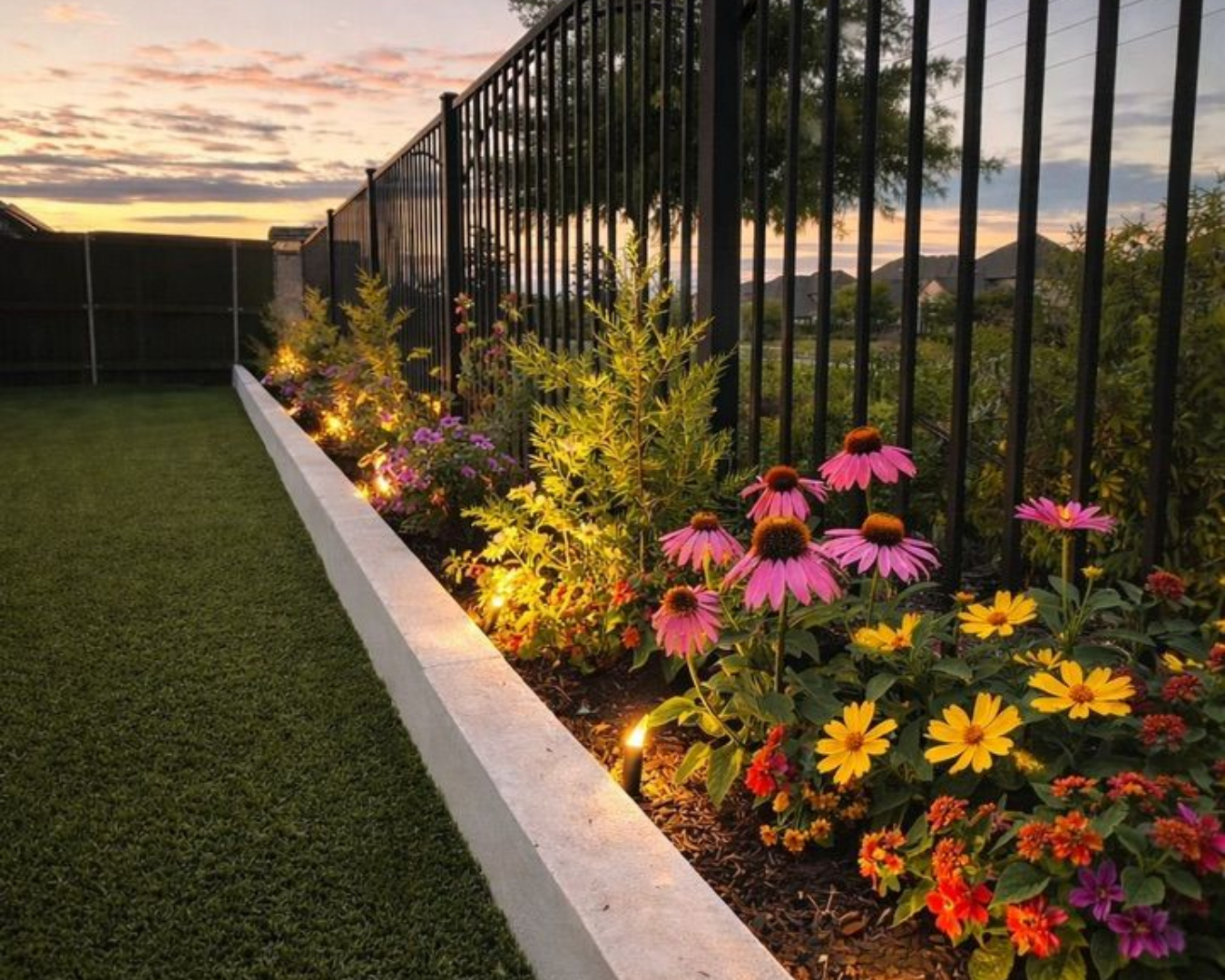 Garden bed with flowers and up lights along a black fence at dusk.