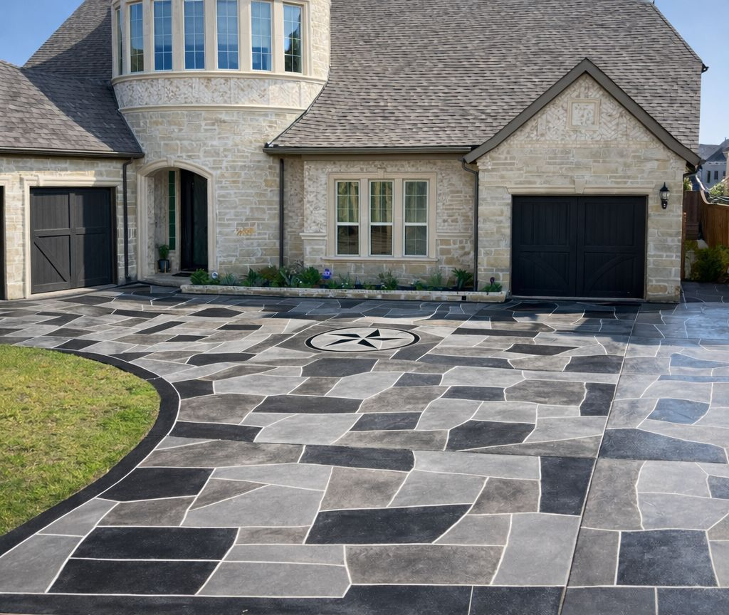 Outdoor patio with stone columns, brown pergola, and seating area.