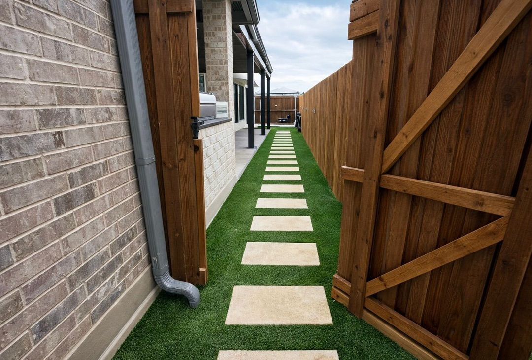 Patio with brick wall, pergola, sofa, fire pit, string lights, potted plants, and glowing candles at dusk.