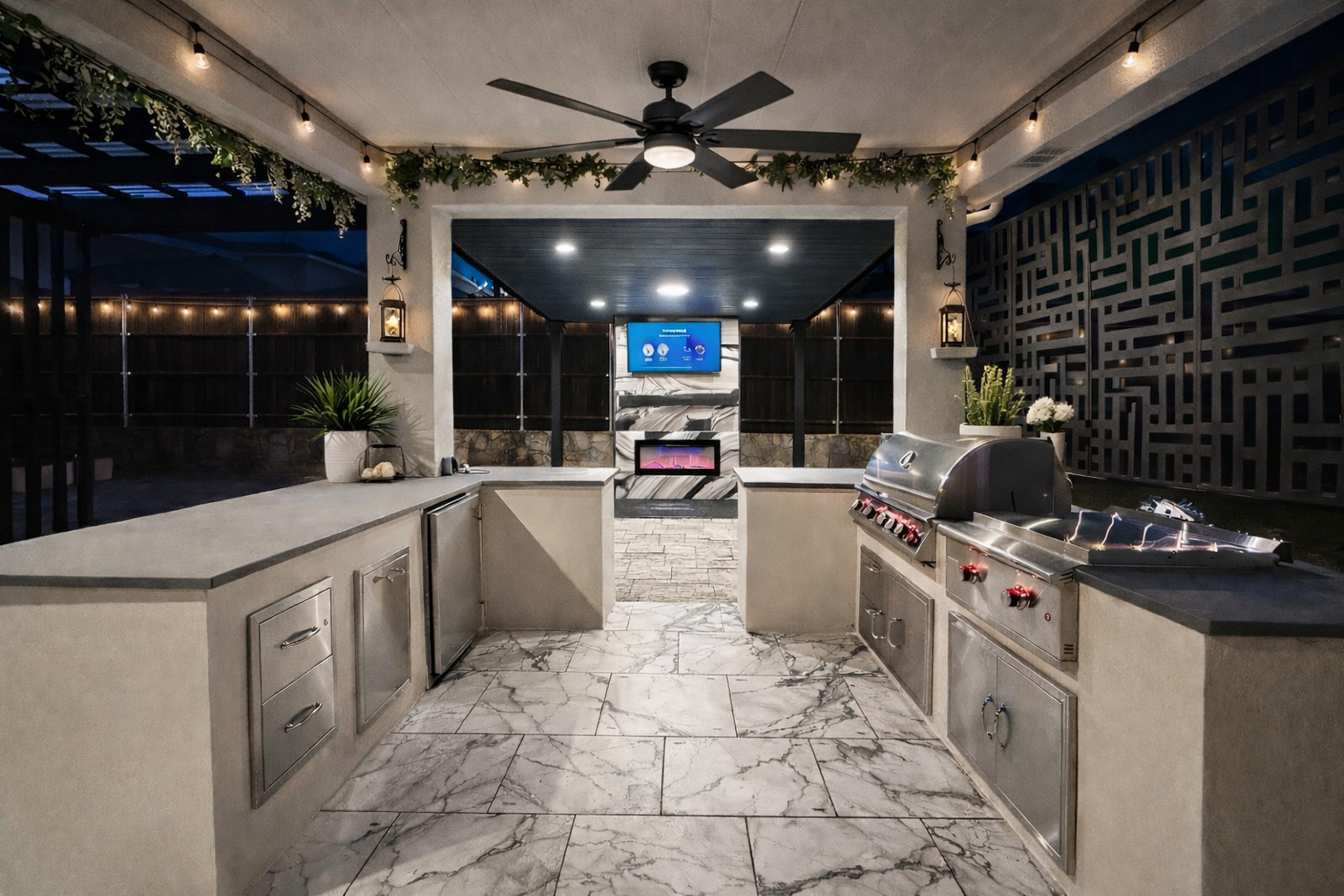 Outdoor patio with stone columns, a brown roof, and a seating area on a paved patio. Outdoor patio with stone columns, a brown roof, and a seating area on a paved patio.