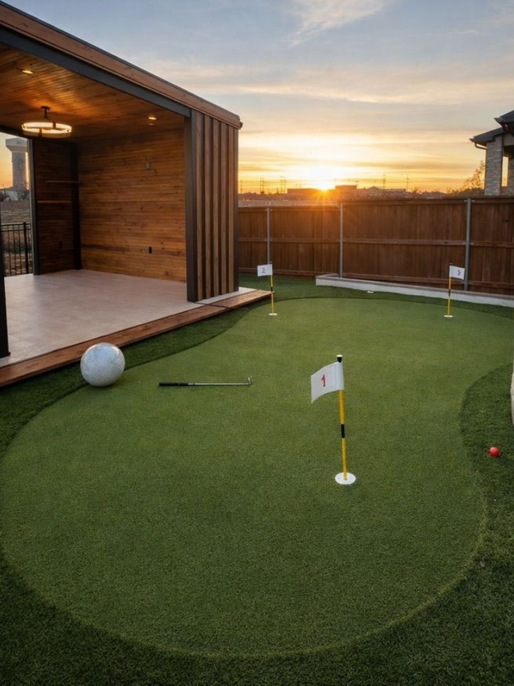 Long, modern fire pit and water feature in front of a multi-story home. Long, modern fire pit and water feature in front of a multi-story home.