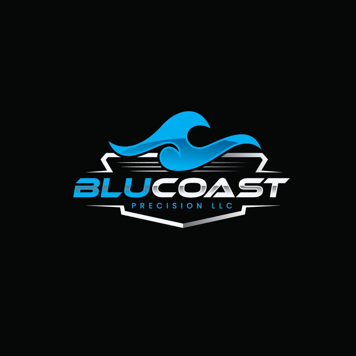 Logo of BluCoast Precision LLC with a stylized blue wave and text on a black background.