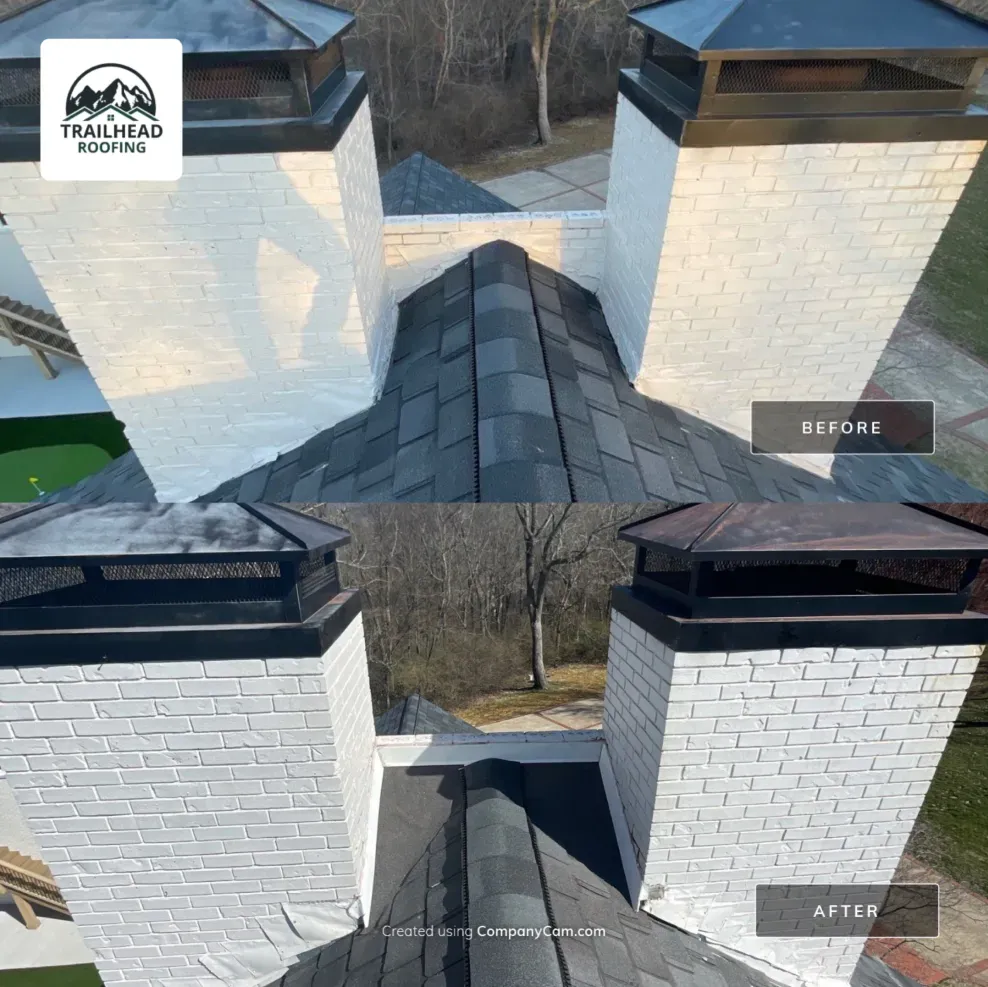 A before and after picture of a chimney on a roof.