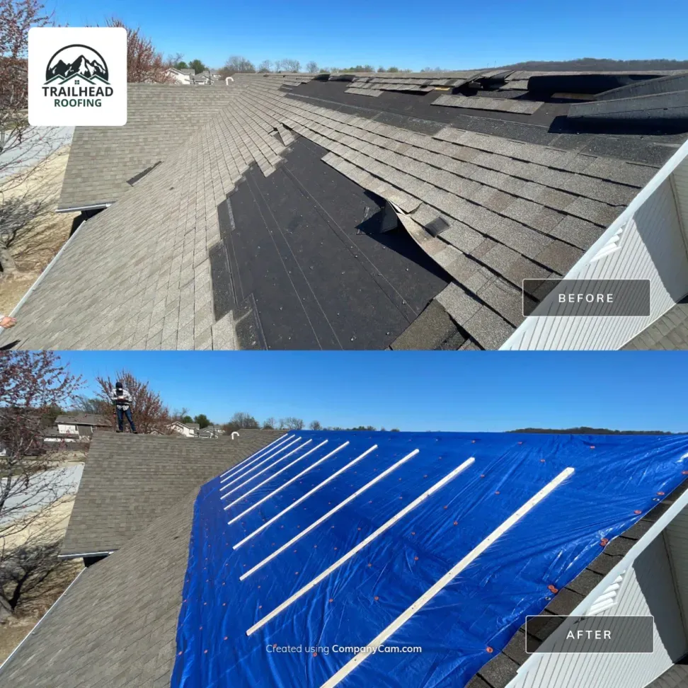 A before and after photo of a roof with a blue tarp on it.