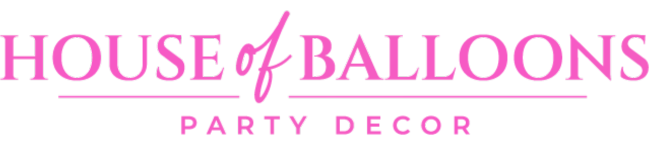 Het logo voor House of Balloons feestdecoratie is roze en wit.