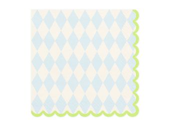 Een servet met een blauw-wit geblokt patroon en een groene rand.