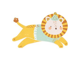 Een cartoonillustratie van een leeuw met een feestmuts.