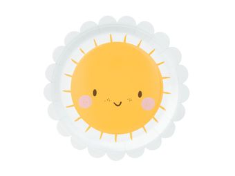 Een papieren bord met een lachende zon erop.