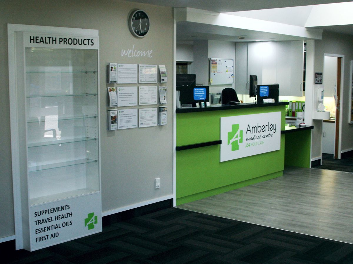 Amberley Medical Centre, front desk, display case,  shelving, new,  bespoke, joinery, space, doors,  modern, colour, branding, professional