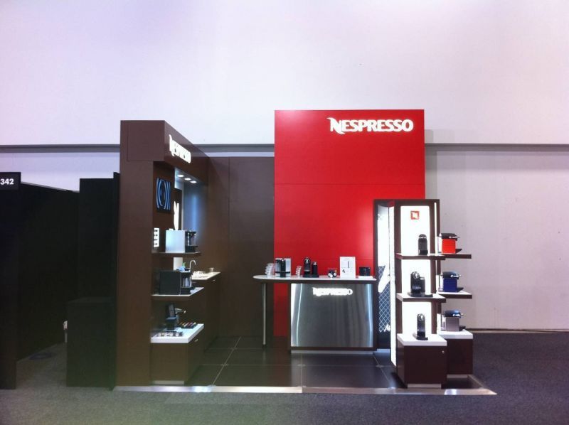 Exhibition Display Stand, nespresso, signs, shelving, counter, seating, flooring, lighting, new,  bespoke, joinery, space, modern