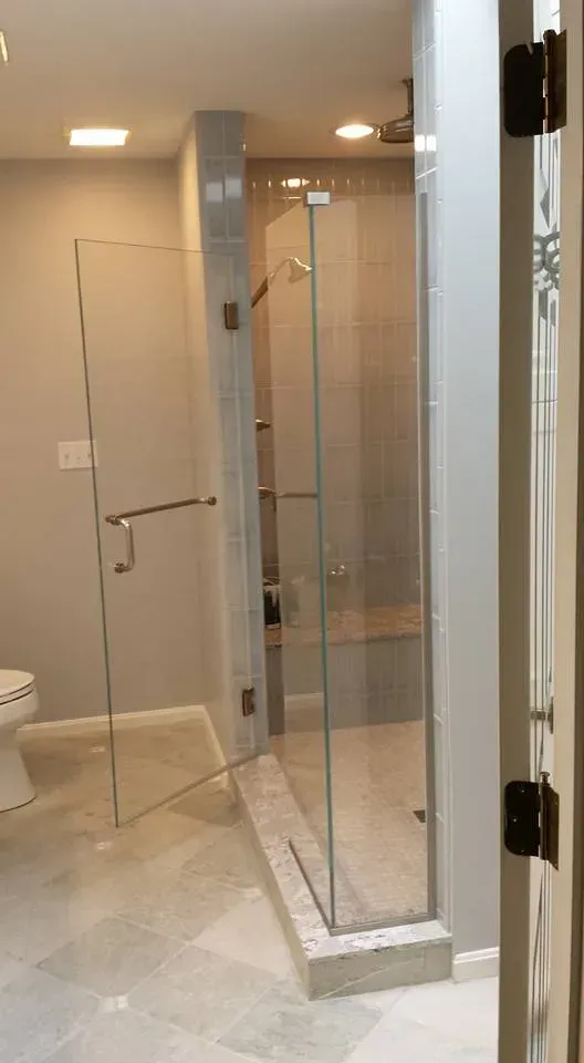 A bathroom with a walk in shower and a toilet.
