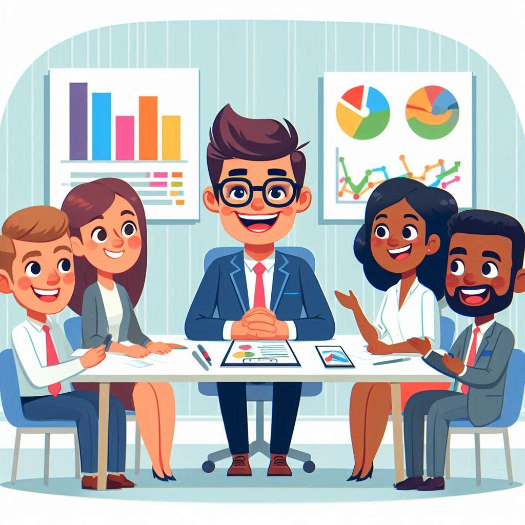 A group of people are sitting around a table having a meeting.