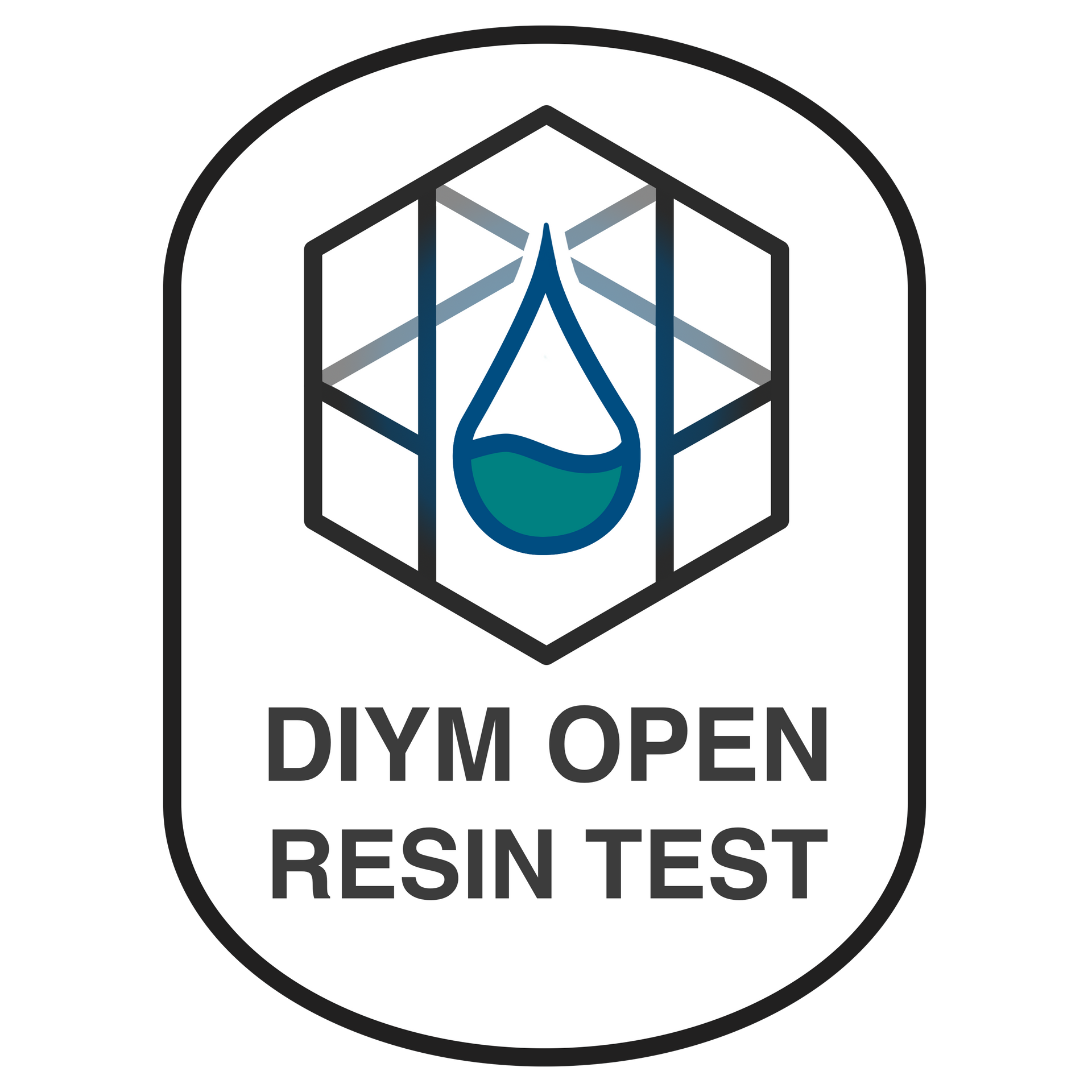 A logo featuring a blue drop inside a black hexagon outline, with the text 