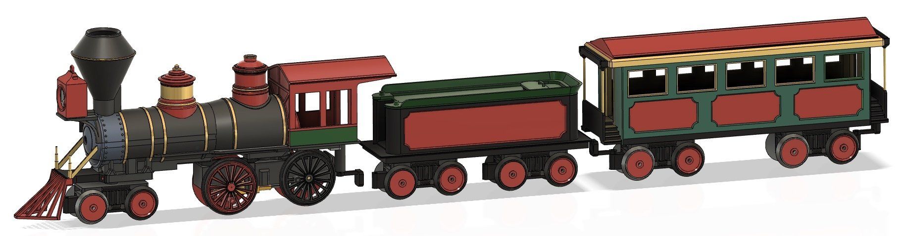 A toy steam train with a black and red locomotive, a matching coal tender, and a green and red passenger carriage.