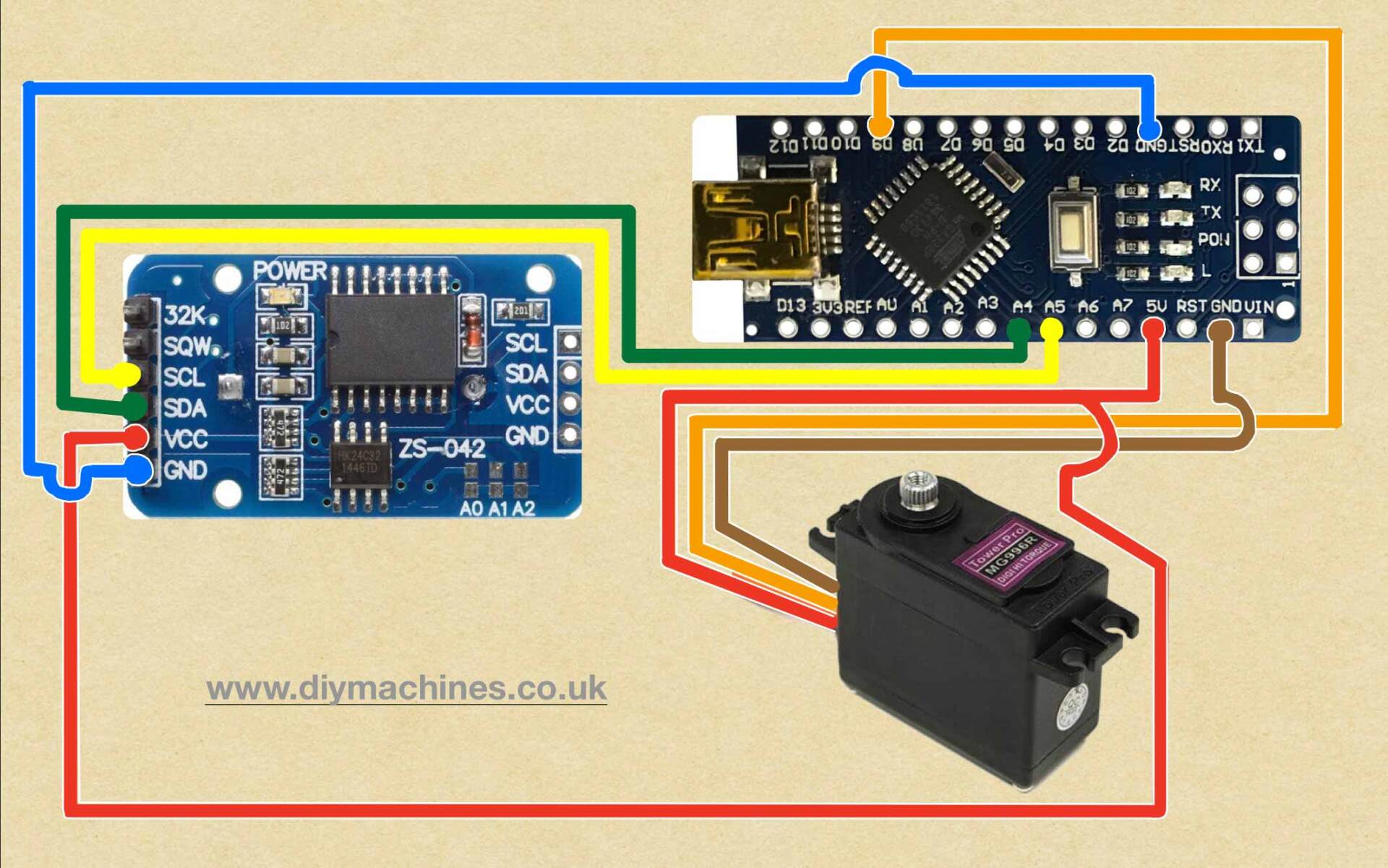 A circuit diagram showing an Arduino Nano connected to a sensor module and a servo motor with various colored wires.