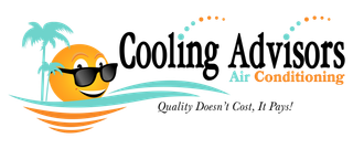 Logo for Cooling Advisors Air Conditioning, featuring a smiling sun wearing sunglasses, palm tree, and tagline "Quality Doesn't Cost, It Pays!"