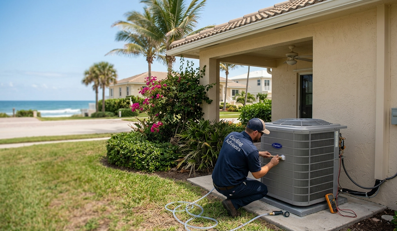 Cooling Advisors technician servicing a home air conditioner unit in Palm Beach Shores FL