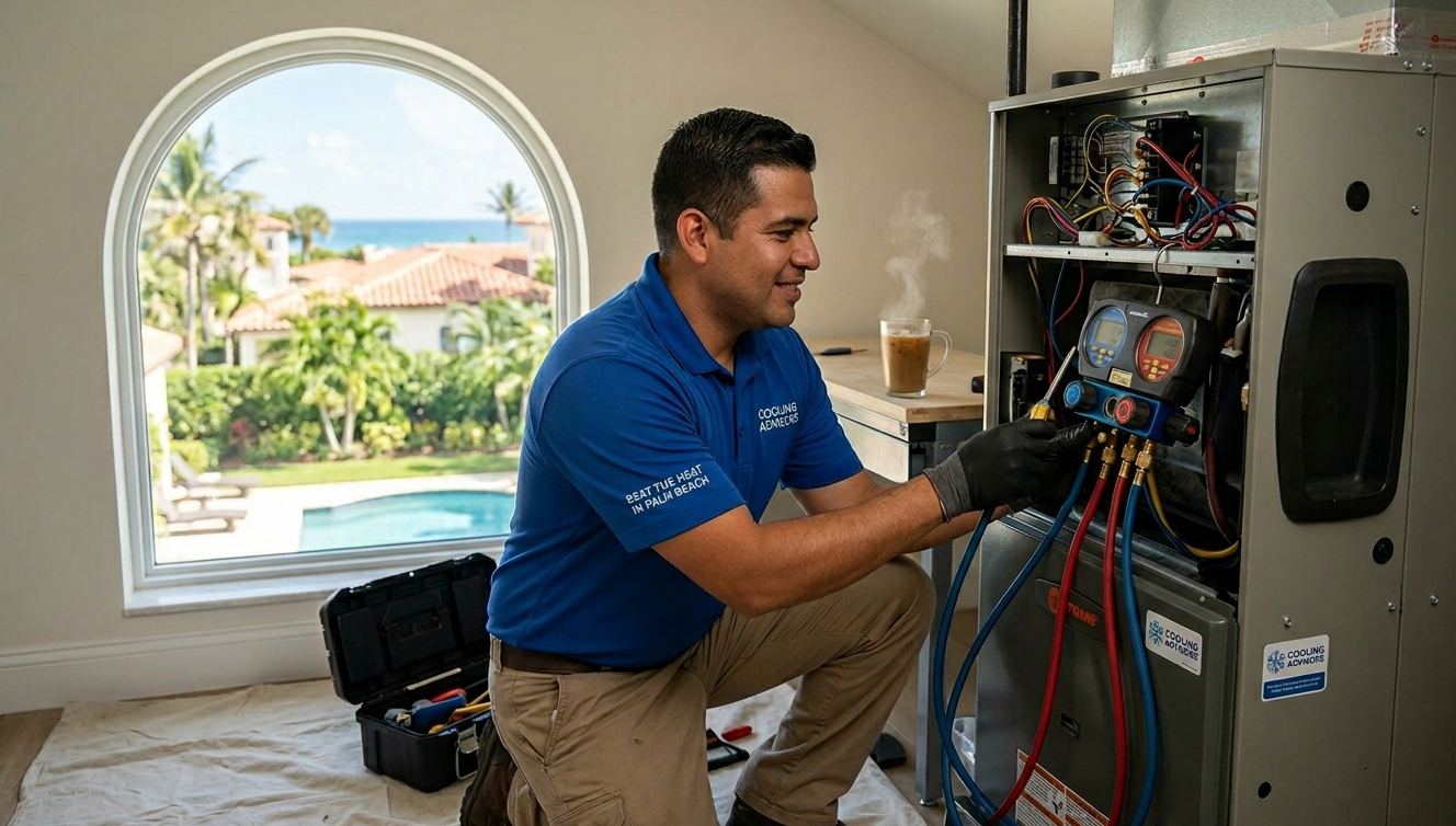 HVAC technician from Cooling Advisors repairing a home air conditioning unit in Palm Beach