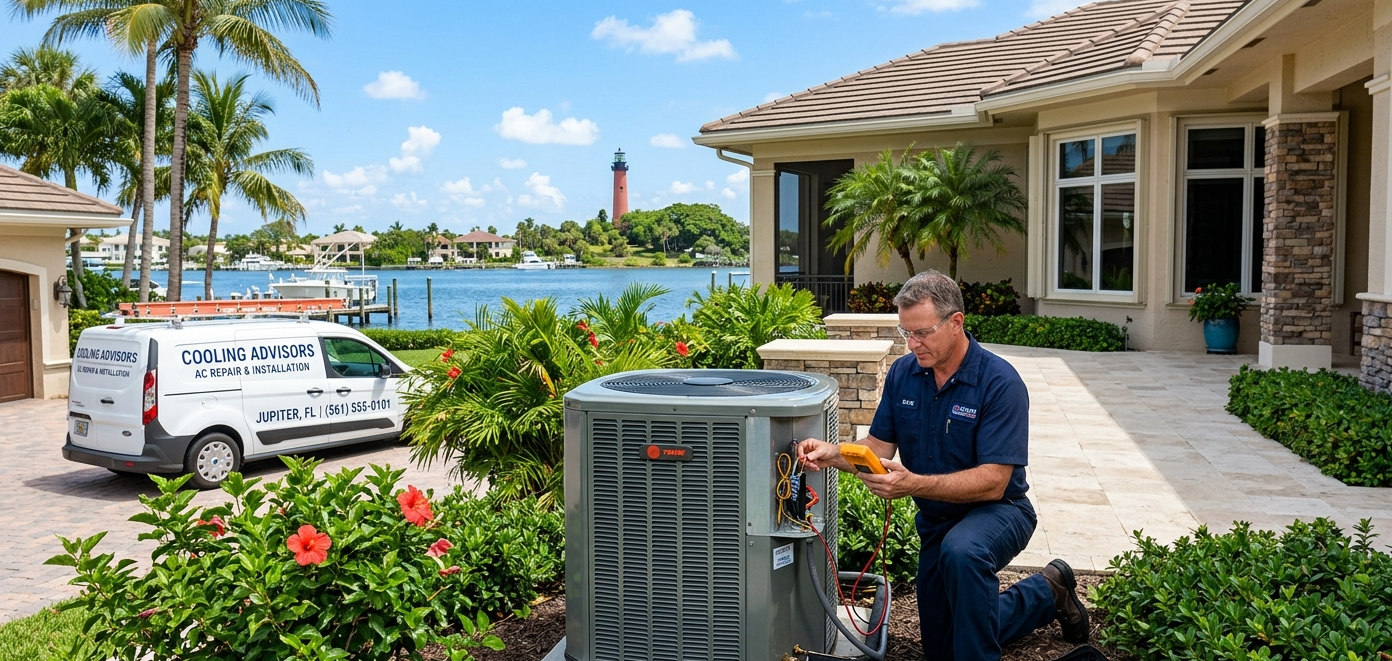 A Cooling Advisors technician performing maintenance on an outdoor AC unit at a Jupiter, Florida hom