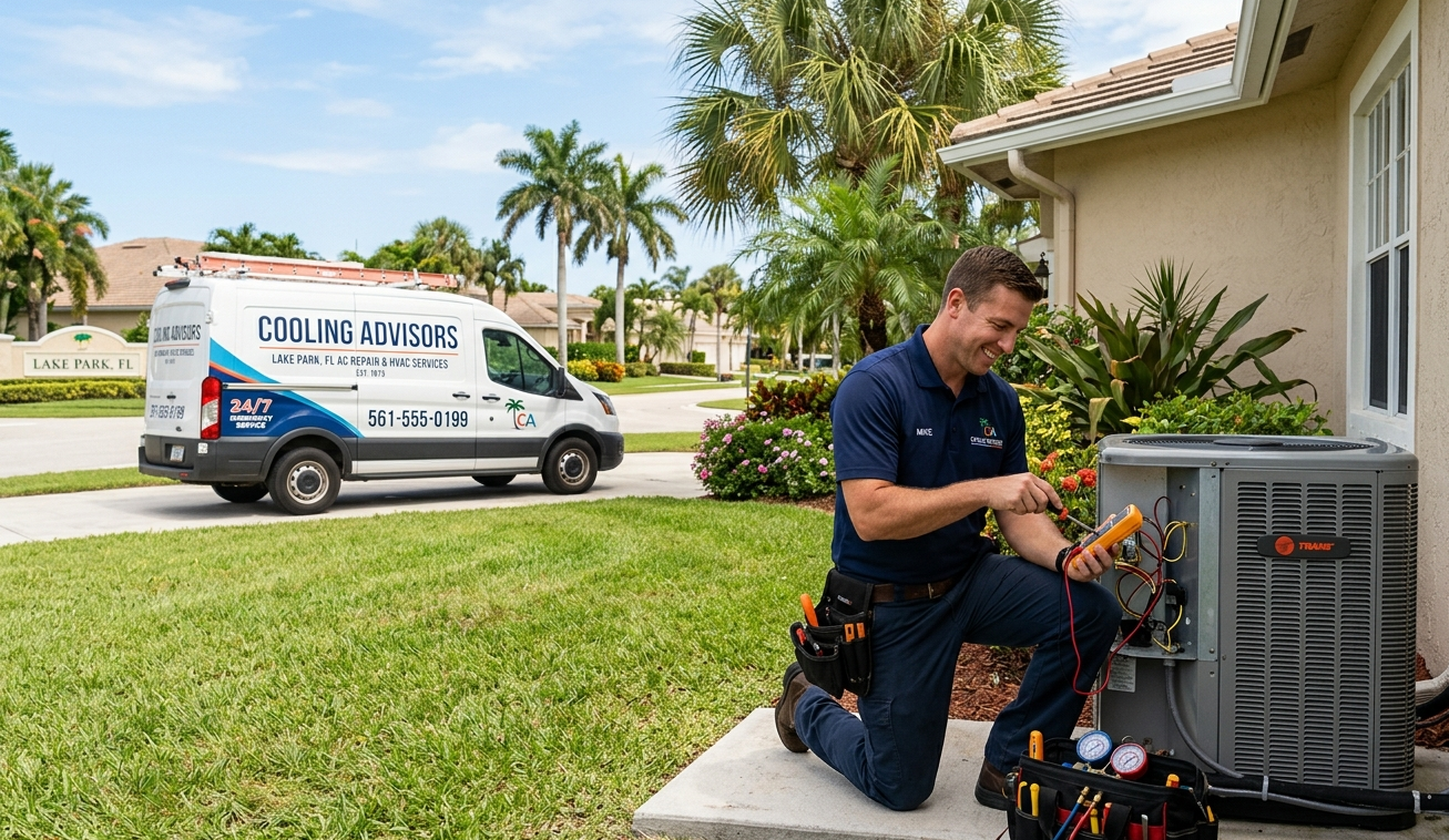 Cooling Advisors technician performing AC repair and HVAC maintenance for a residential home in Lake