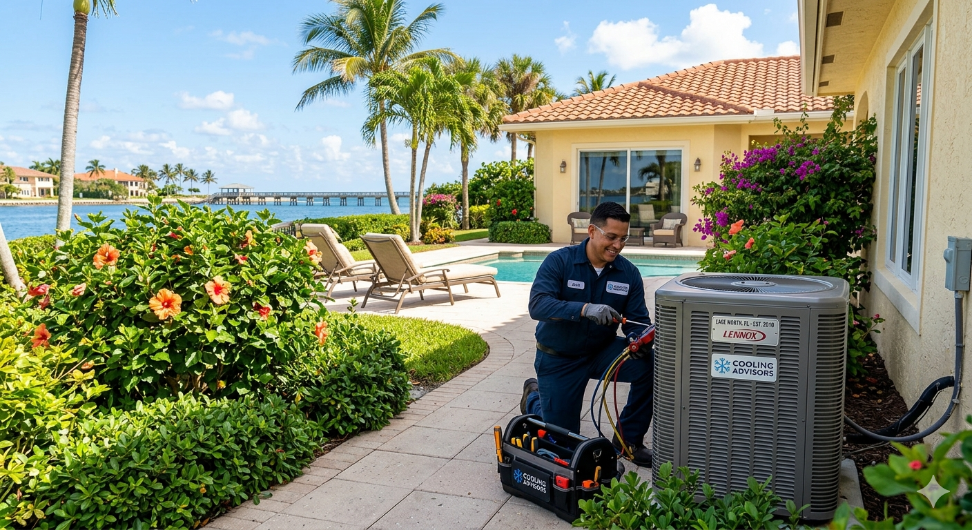 Professional HVAC technician performing AC repair and maintenance on a residential unit in Lake Wort