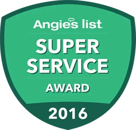 Angie's List Super Service Award 2016 badge in green and white on a shield.