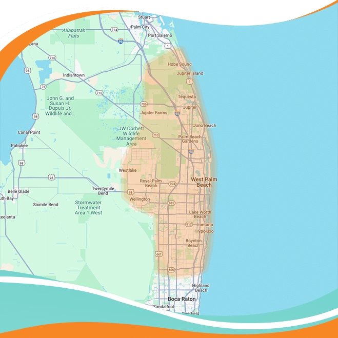 Map of Southeast Florida, highlighted area in tan along the coast.