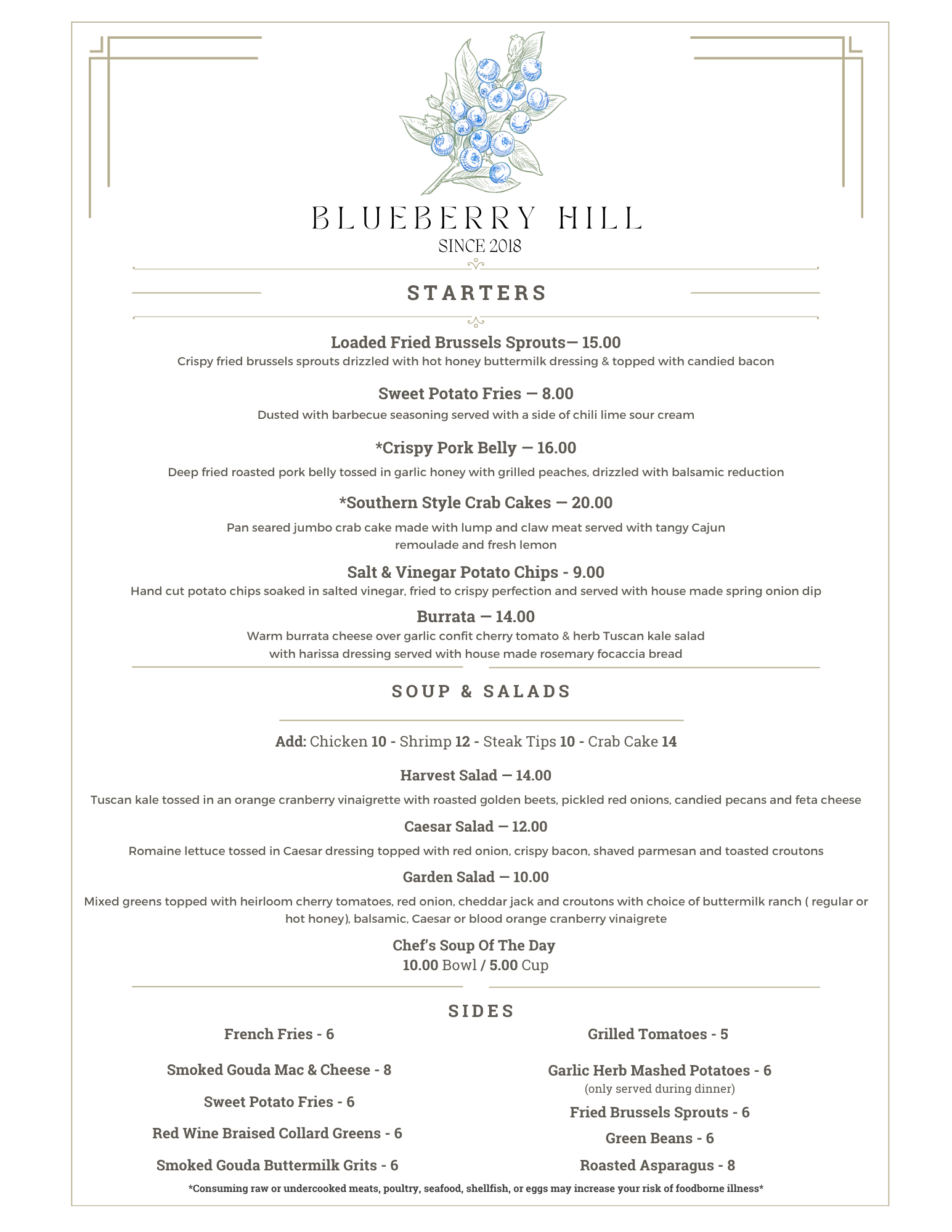 A menu for a restaurant called blueberry hill.