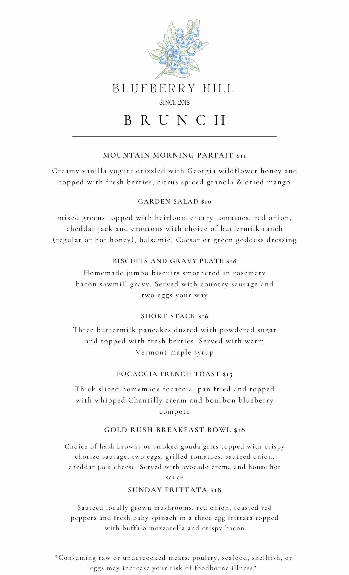 A menu for a brunch at blueberry hill