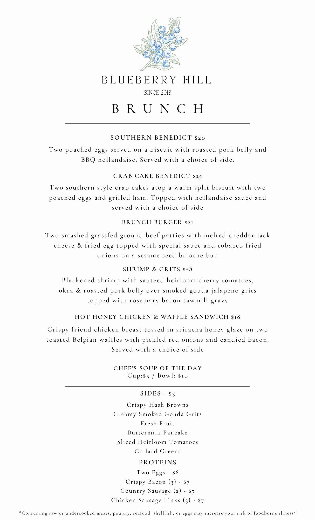 A menu for a brunch at blueberry hill