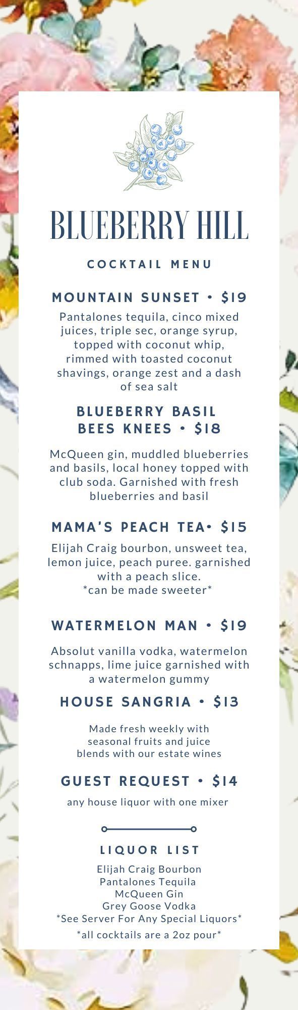A menu for a restaurant with flowers on it.