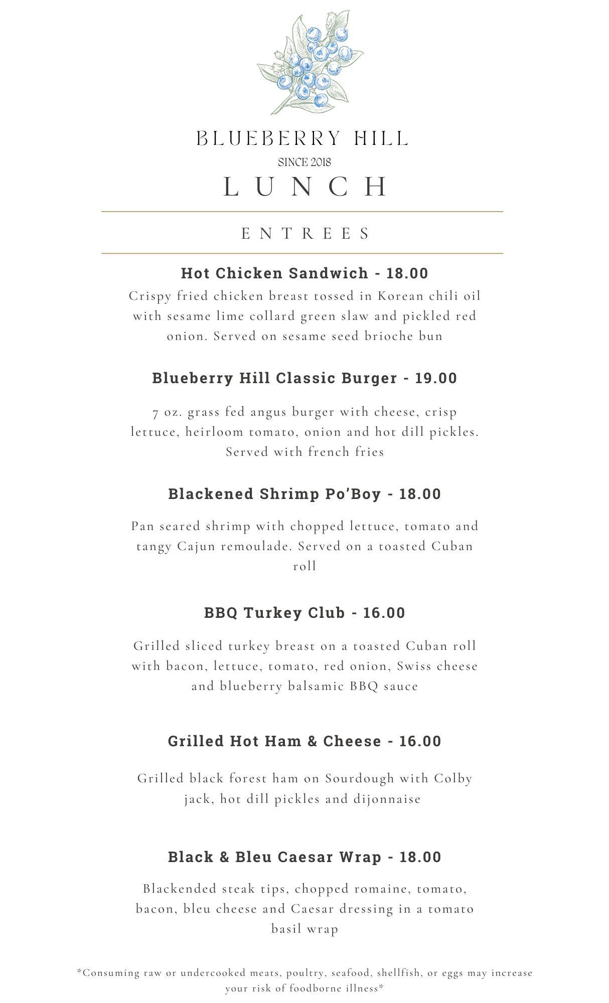 A menu for a restaurant called blueberry hill with a blue flower on it.