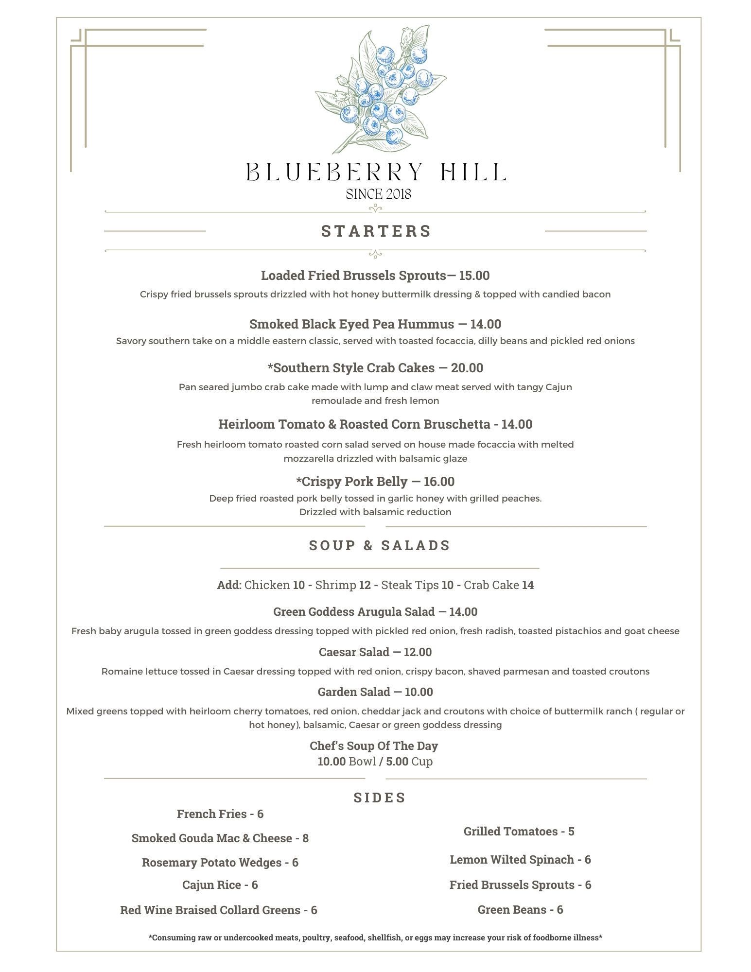 A menu for a restaurant called blueberry hill.