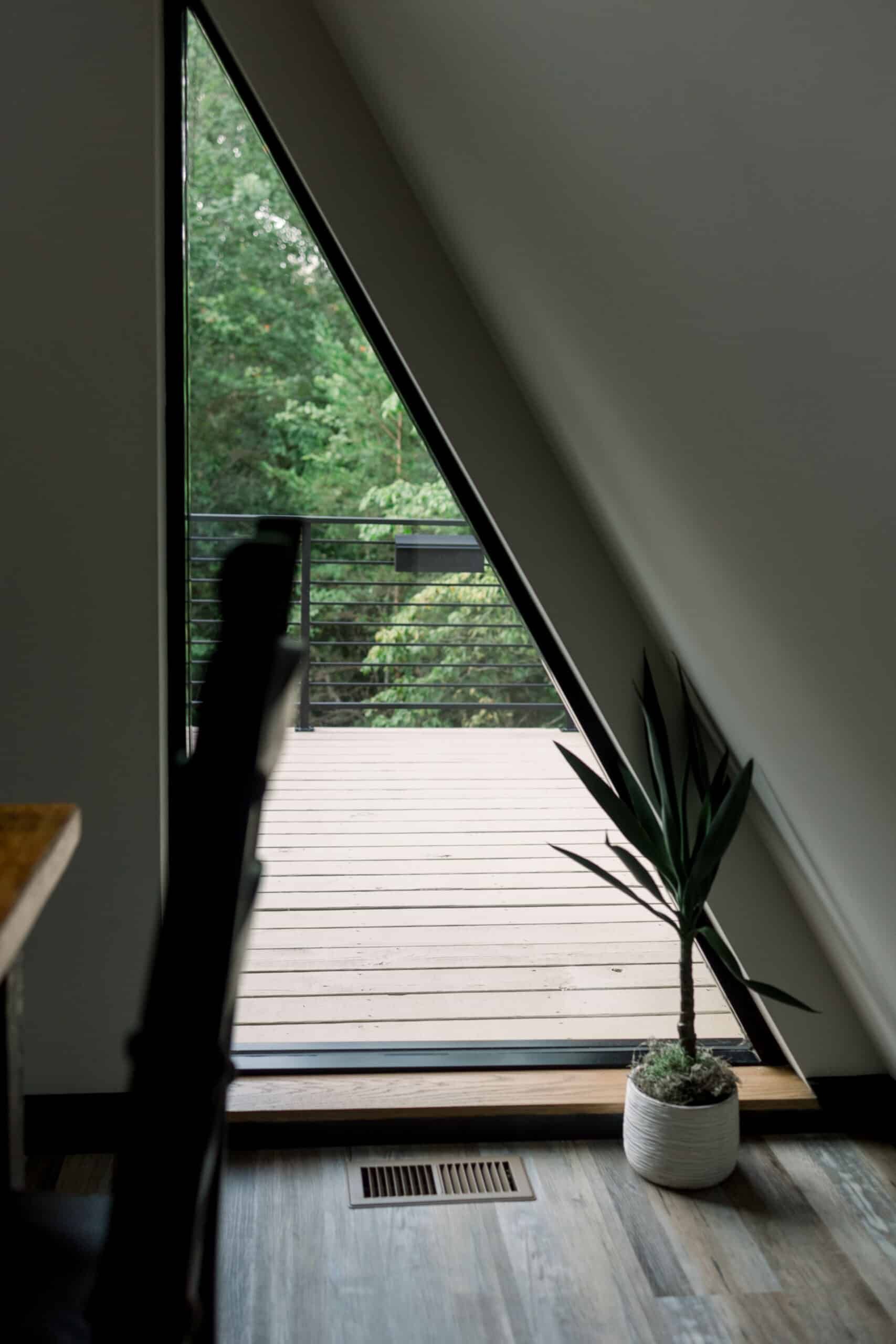 A potted plant is sitting in front of a window with a view of a wooden deck.