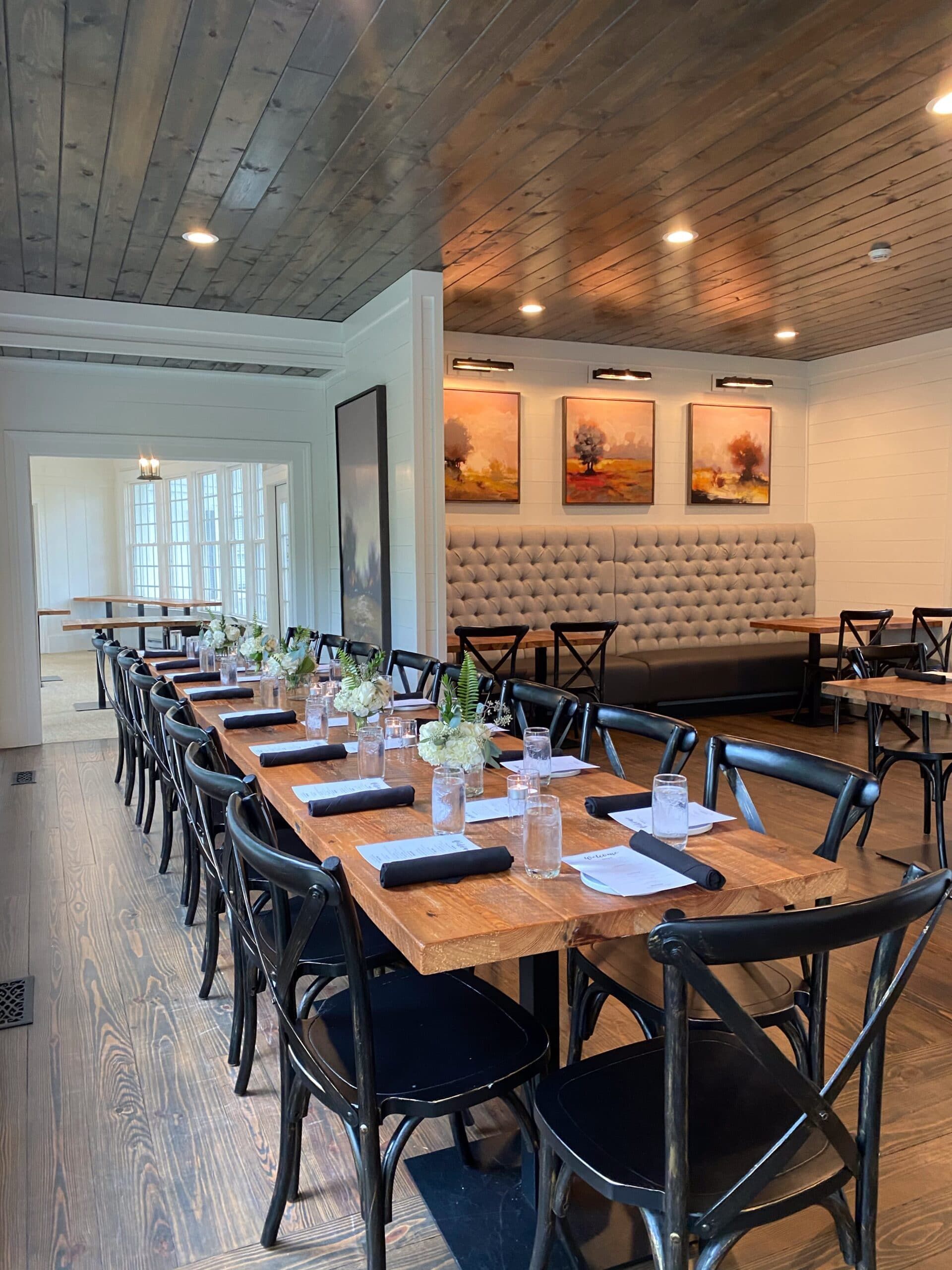 A restaurant with tables and chairs set up for a meal.